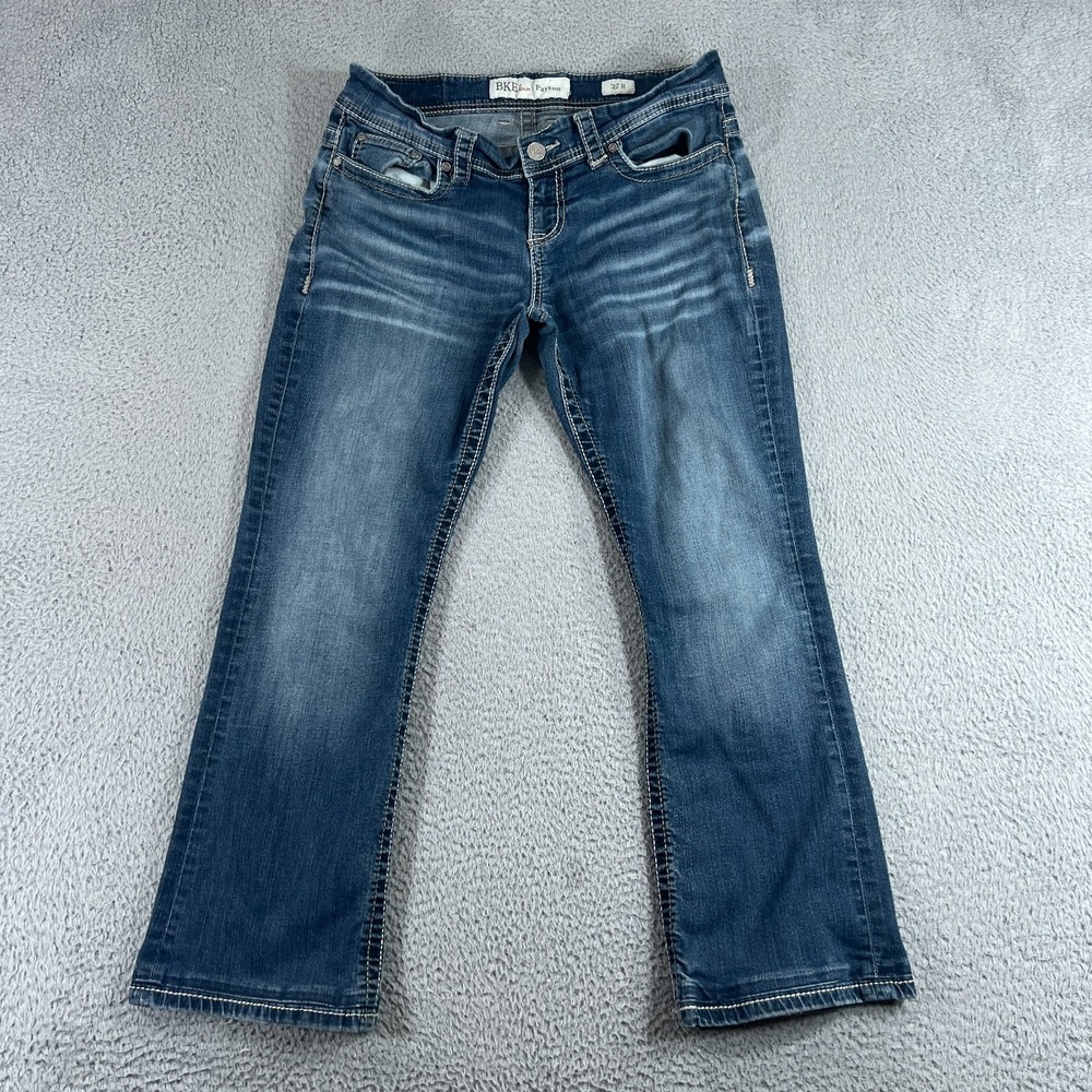 BKE Jeans Women Size 32 HEMMED Blue Denim Payton Faded Straight Distressed